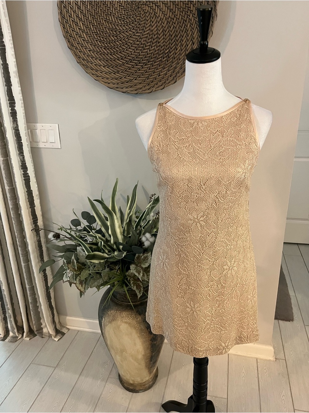 Betsy & Adam Nude Lace Halter Mini Dress